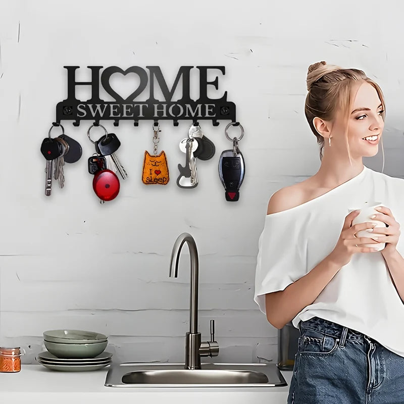 Black Metal Wall Key Holder – “Sweet Home” Decorative Key Rack with Hooks 10 Hooks