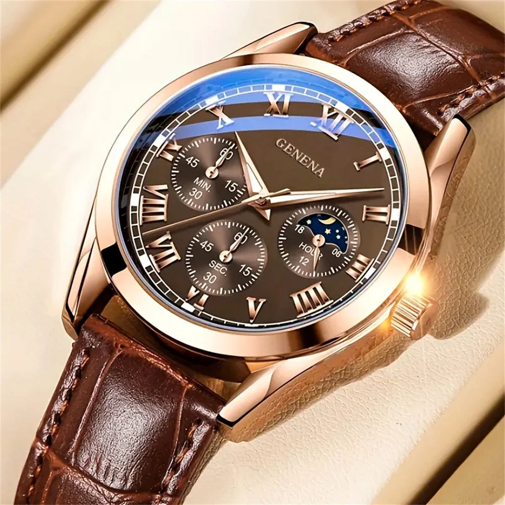 Men’s Business & Casual Quartz Watch with Leather Strap – Roman Numeral Dial