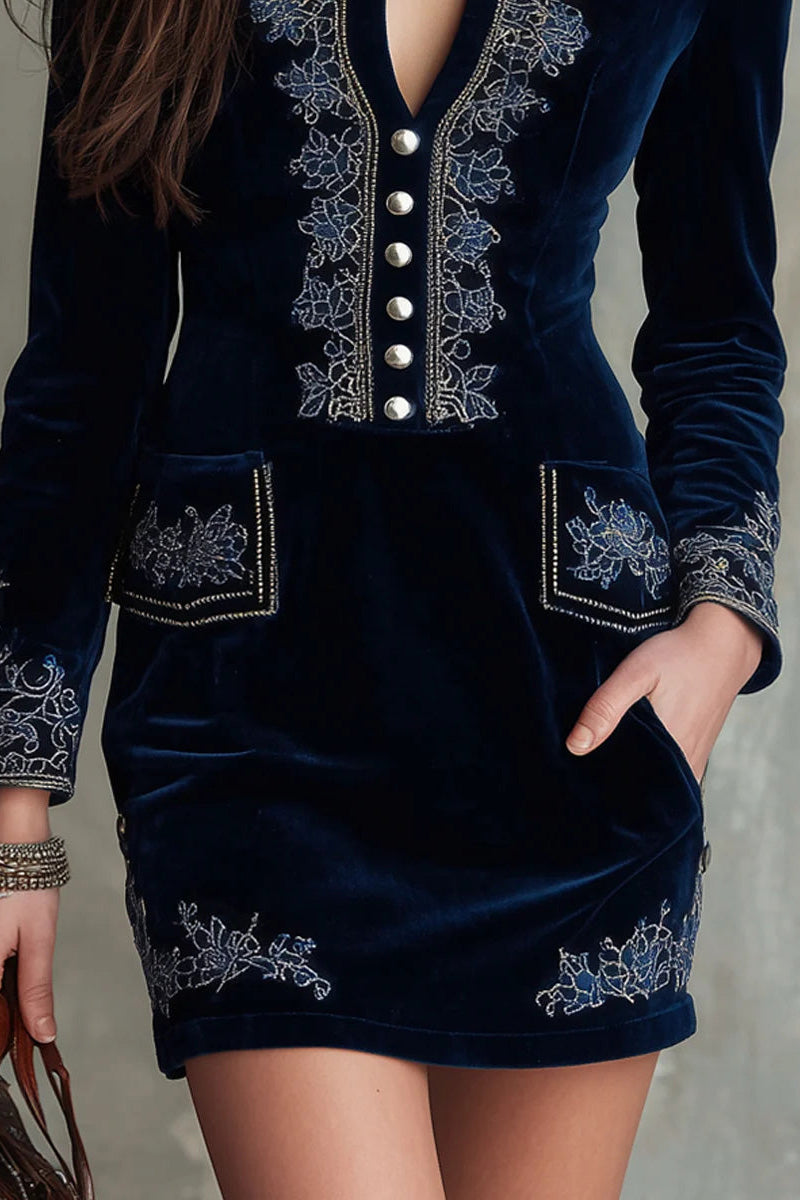 Vintage Embroidered Faux Suede Shirt Dress – Long Sleeve Belted Maxi Dress