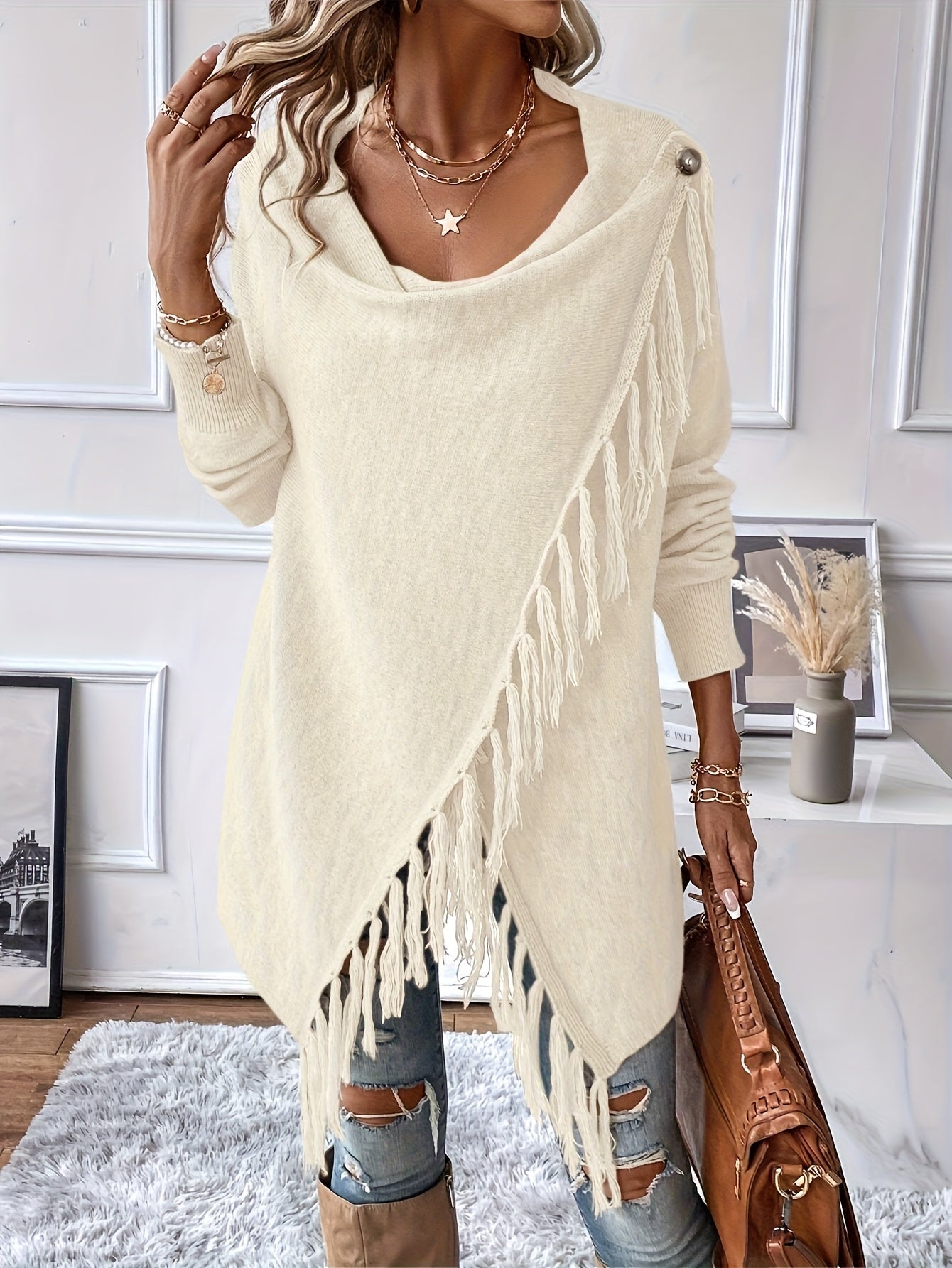 Ellen Fringe Draped Poncho Shawl
