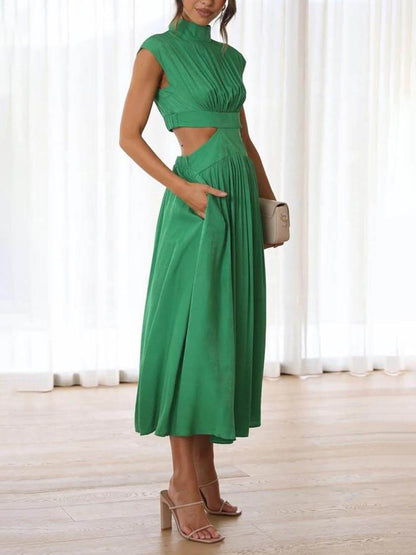 LunaBreeze™ Women’s Vacation Midi Dress – Cutout Waist with Pockets, Casual Summer Dress