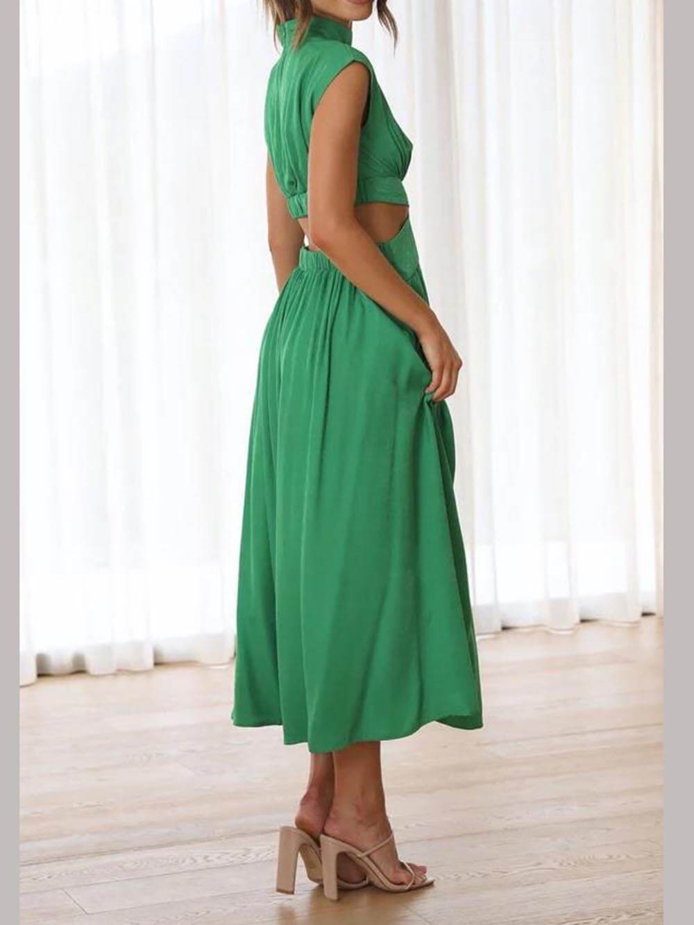 LunaBreeze™ Women’s Vacation Midi Dress – Cutout Waist with Pockets, Casual Summer Dress