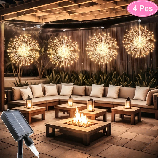 4/5pcs Hanging Solar Powered Outdoor Firework Lights, 240/360/450 LED Sparkling Starburst Sphere Lights, Warm White/Multicolor/White, 8 Modes Copper Wire Fairy Lights For Patio, Umbrella, Eave, Garden, Tree, Tent, Christmas,