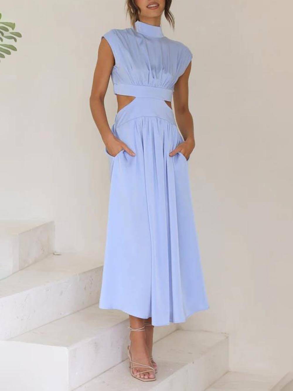 LunaBreeze™ Women’s Vacation Midi Dress – Cutout Waist with Pockets, Casual Summer Dress