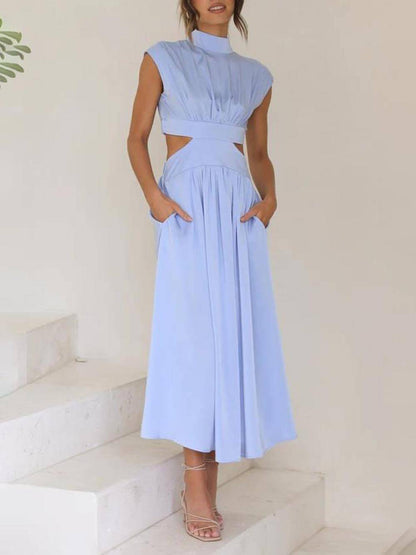 LunaBreeze™ Women’s Vacation Midi Dress – Cutout Waist with Pockets, Casual Summer Dress