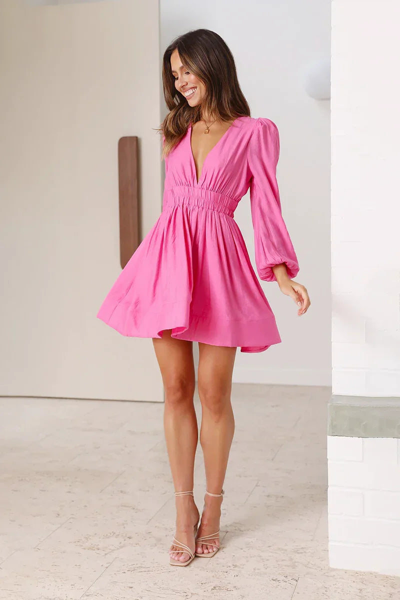 Charlotte V-Neck Long Sleeve Mini Dress - Pink