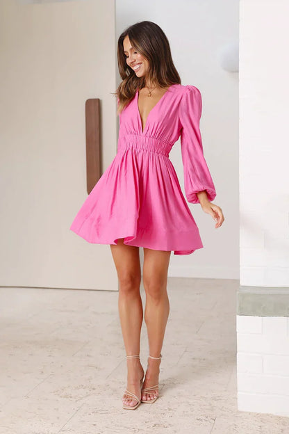 Charlotte V-Neck Long Sleeve Mini Dress - Pink