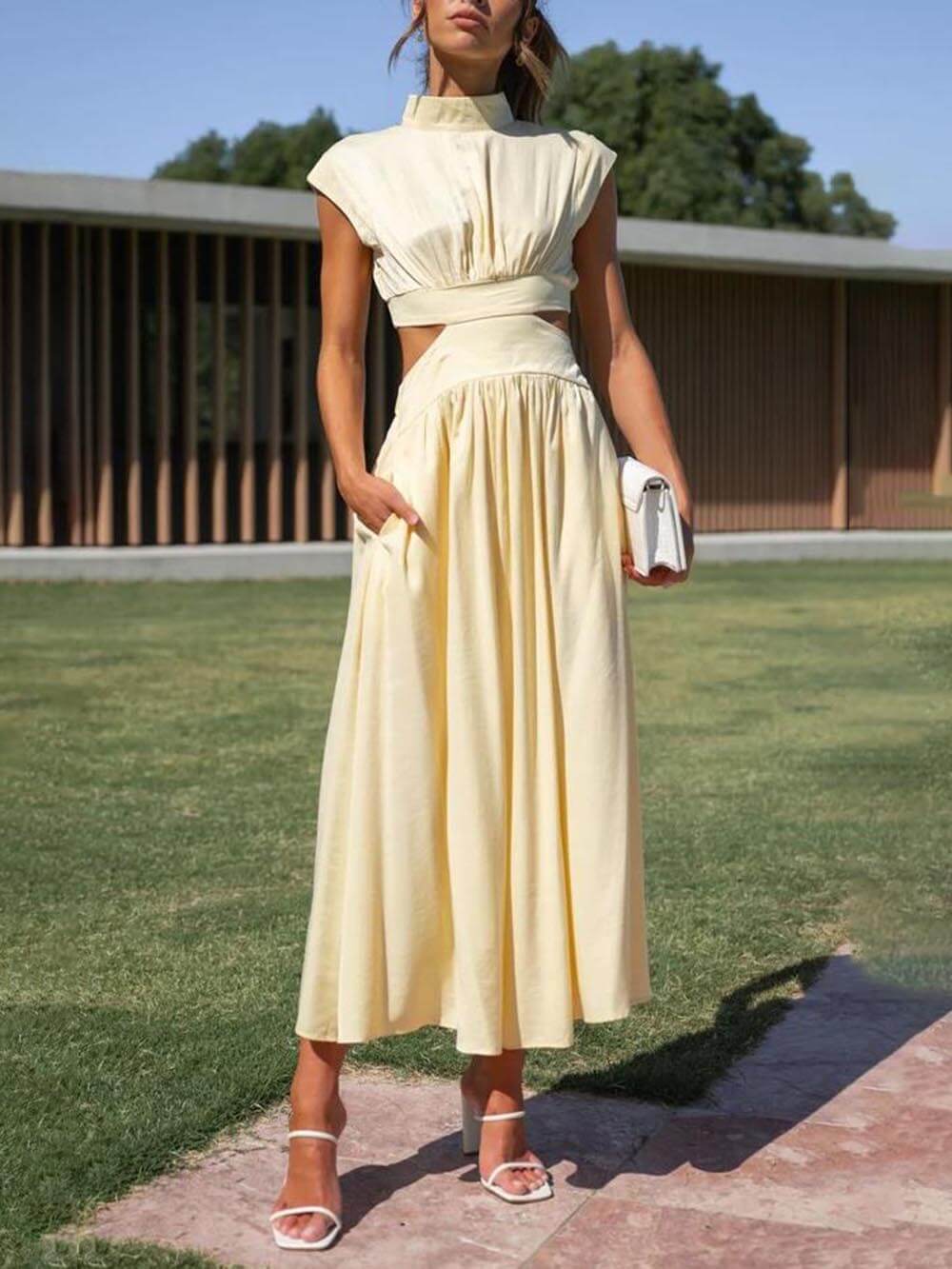 LunaBreeze™ Women’s Vacation Midi Dress – Cutout Waist with Pockets, Casual Summer Dress