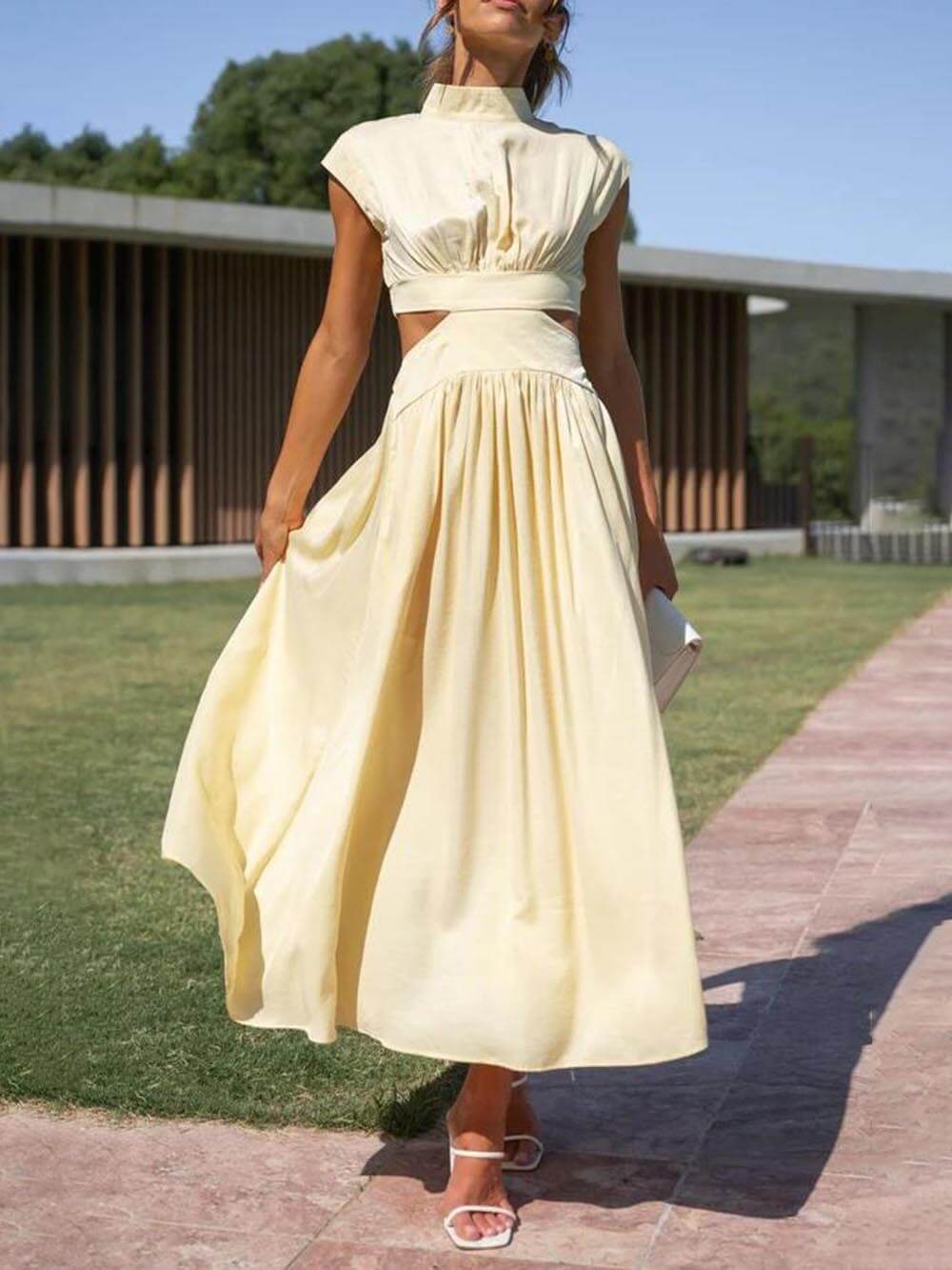 LunaBreeze™ Women’s Vacation Midi Dress – Cutout Waist with Pockets, Casual Summer Dress