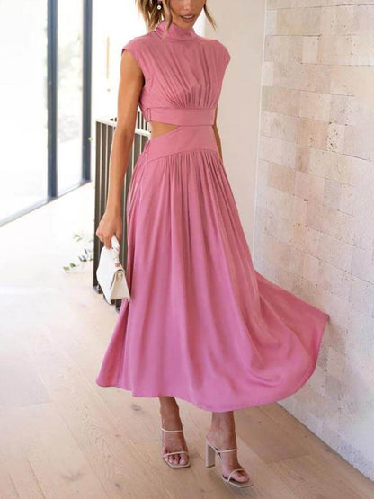 LunaBreeze™ Women’s Vacation Midi Dress – Cutout Waist with Pockets, Casual Summer Dress