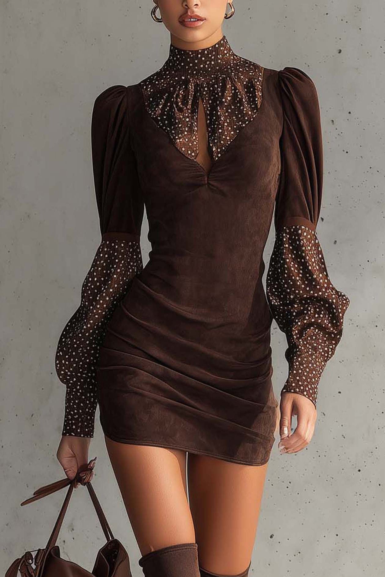 Brown dress with sheer sleeves and collar against a gray background