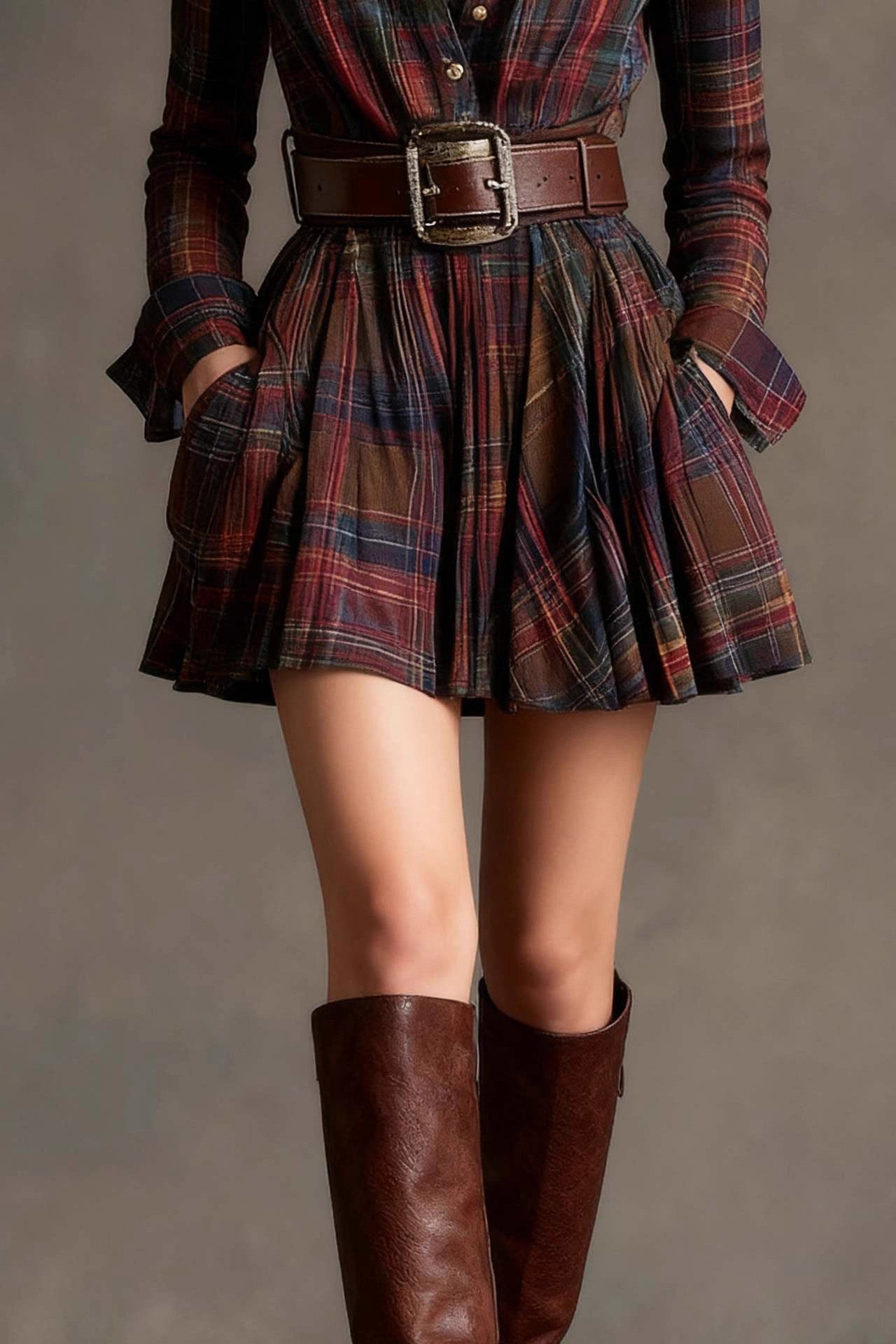 Lagertha Vintage Lapel Plaid Mini Dress (with Belt)