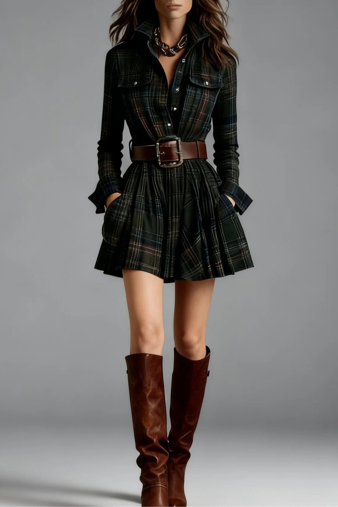 Lagertha Vintage Lapel Plaid Mini Dress (with Belt)