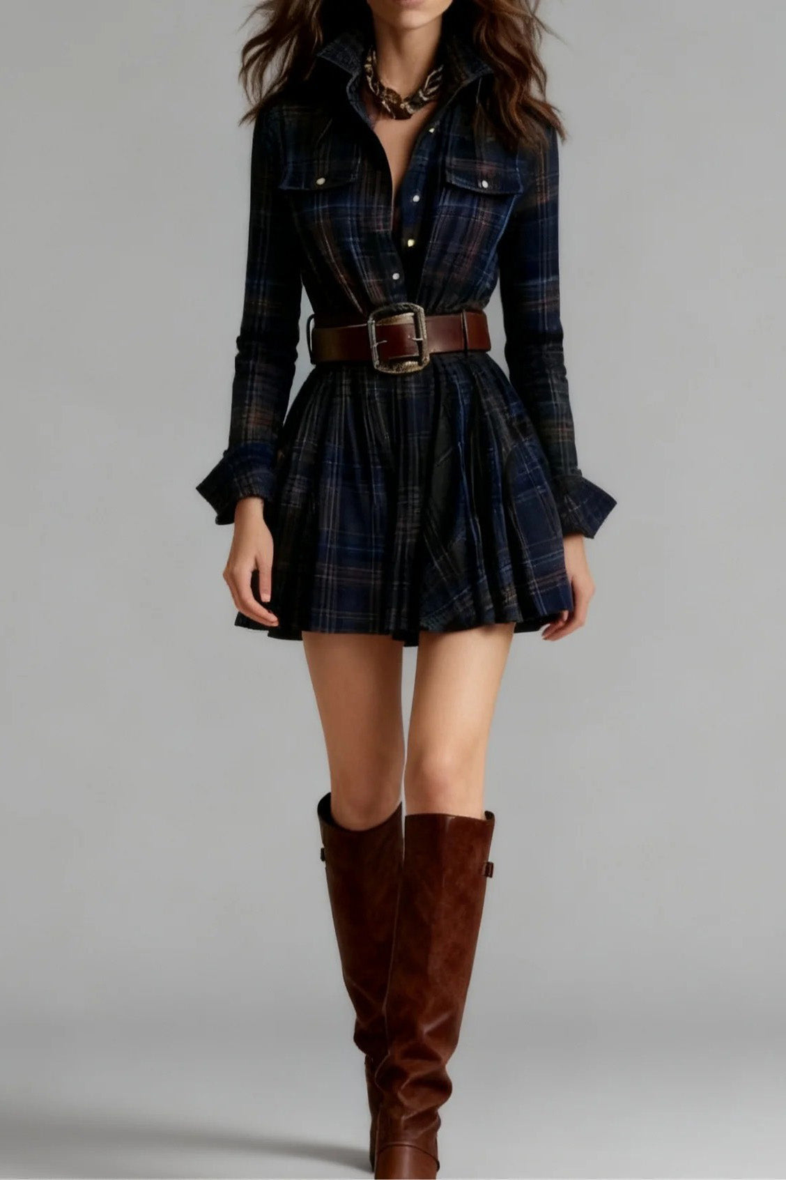 Lagertha Vintage Lapel Plaid Mini Dress (with Belt)