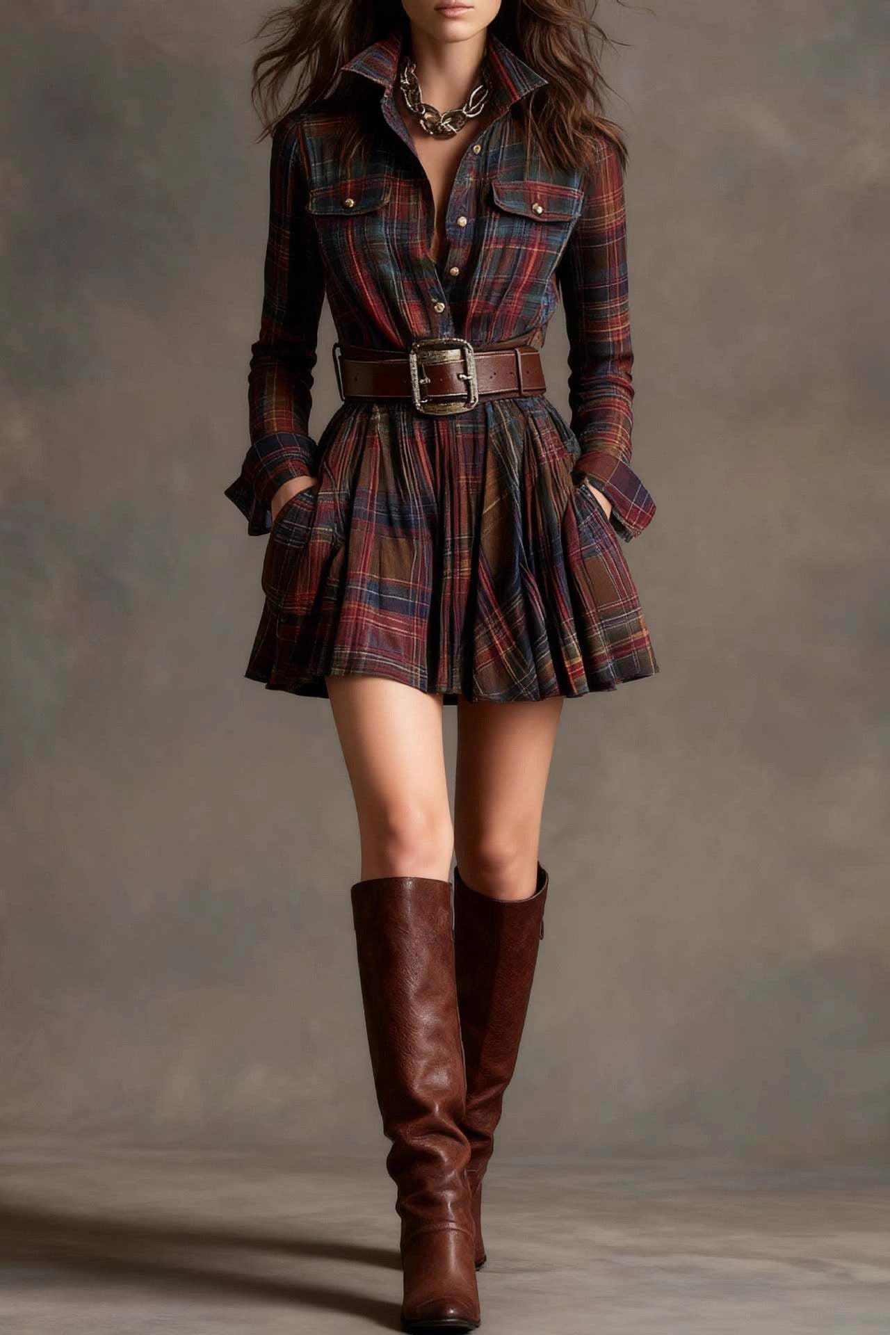 Lagertha Vintage Lapel Plaid Mini Dress (with Belt)