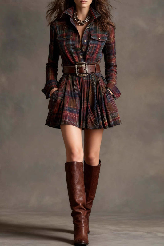 Lagertha Vintage Lapel Plaid Mini Dress (with Belt)