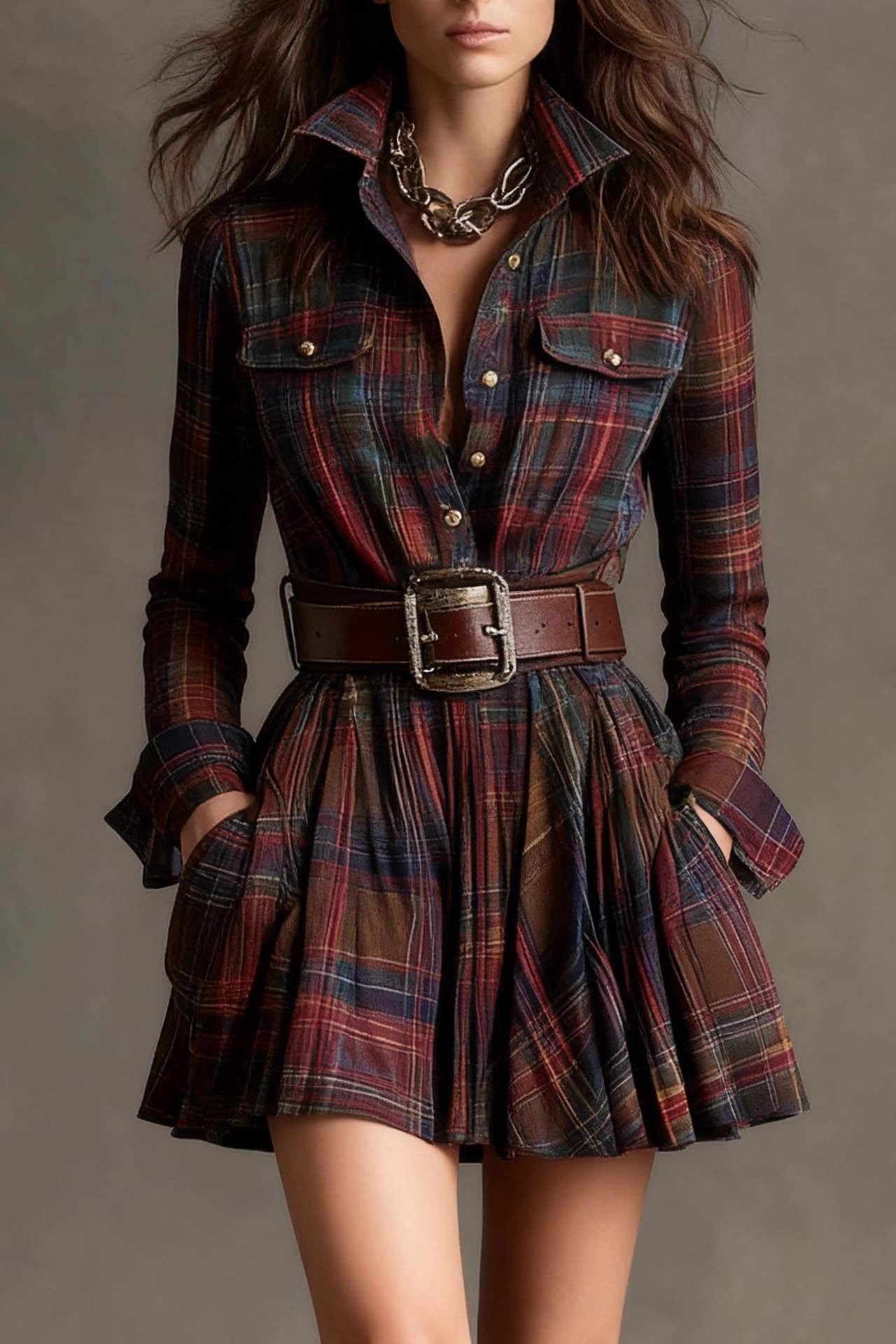Lagertha Vintage Lapel Plaid Mini Dress (with Belt)