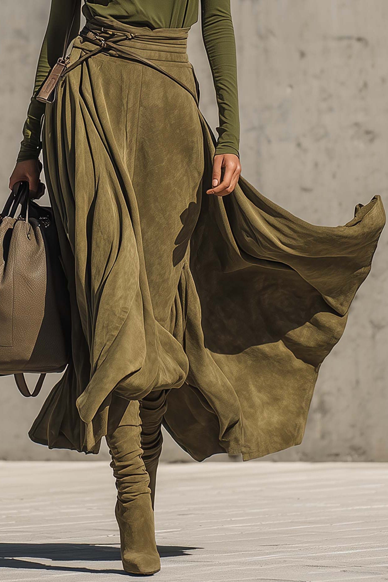 Torvi Olive Green Turtleneck Top & Faux Suede Maxi Skirt Set