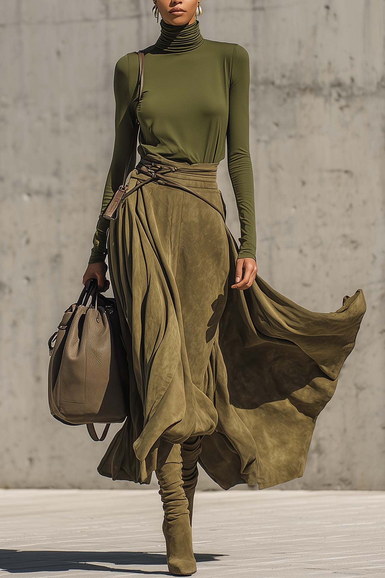 Torvi Olive Green Turtleneck Top & Faux Suede Maxi Skirt Set