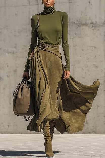 Torvi Olive Green Turtleneck Top & Faux Suede Maxi Skirt Set