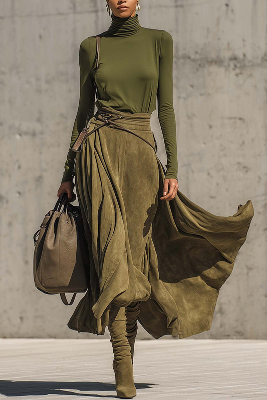 Torvi Olive Green Turtleneck Top & Faux Suede Maxi Skirt Set