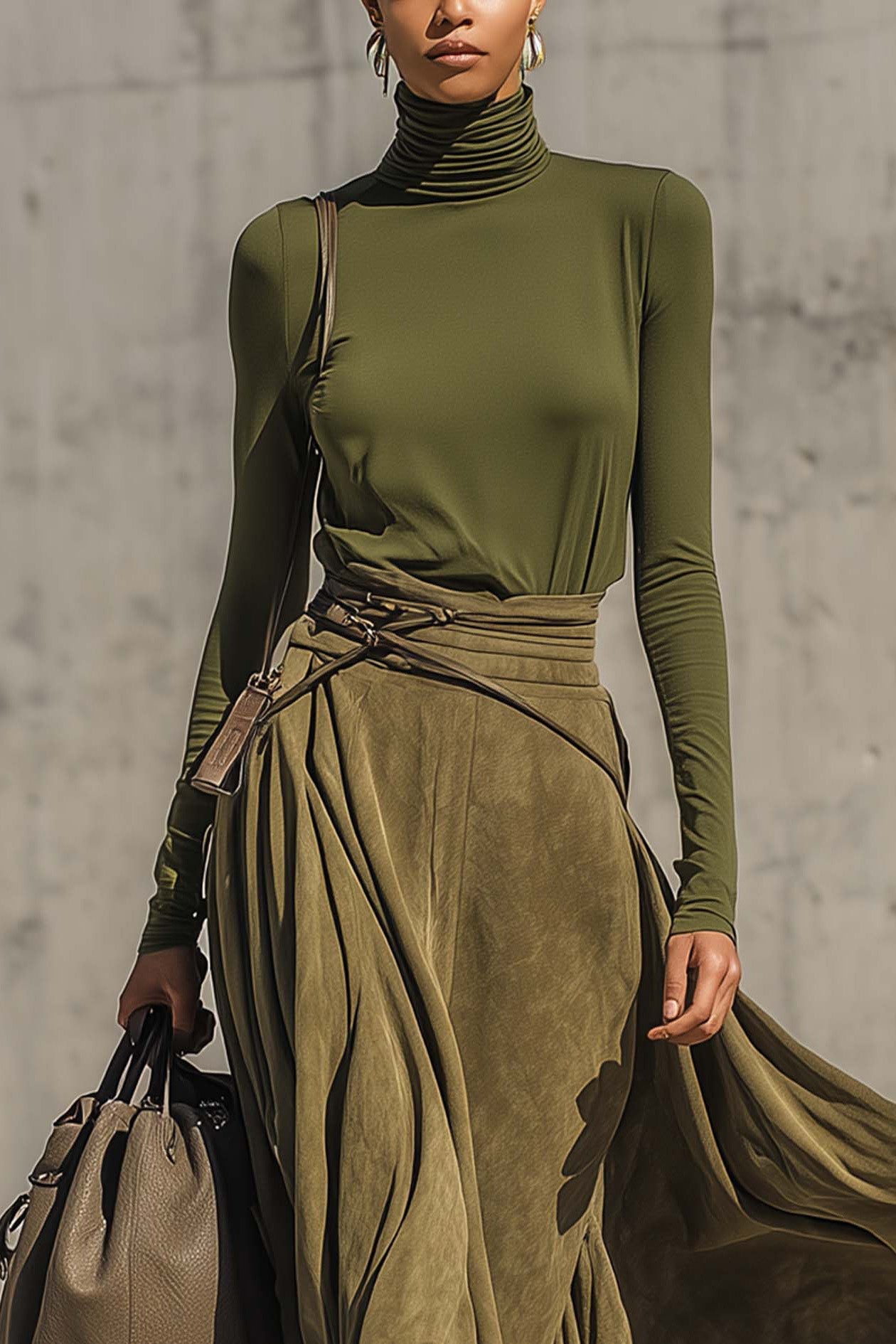 Torvi Olive Green Turtleneck Top & Faux Suede Maxi Skirt Set