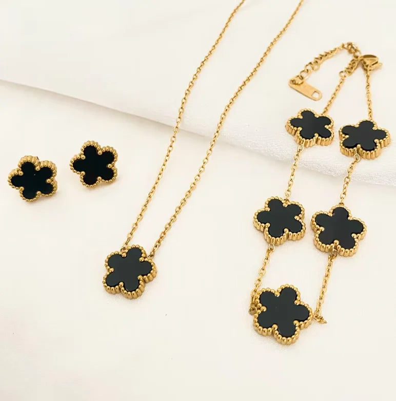 3-Piece Set of Plum Blossom Five-Leaf Flower Necklace Bracelet Women's Gift Jewelry Set for Parties
