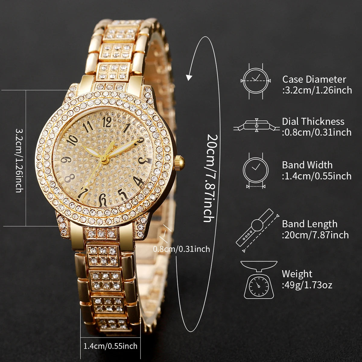 Bella Full Diamond Gold Watch & Jewellery Set – 6PCS Luxury Quartz Set