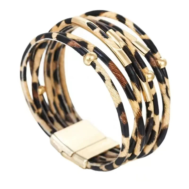 Vintage Metal Tube Leopard Leather Bracelet For Women Men Boho Multilayer Wrap Wide Bracelet Charm Jewelry