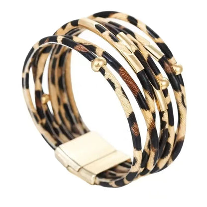 Vintage Metal Tube Leopard Leather Bracelet For Women Men Boho Multilayer Wrap Wide Bracelet Charm Jewelry