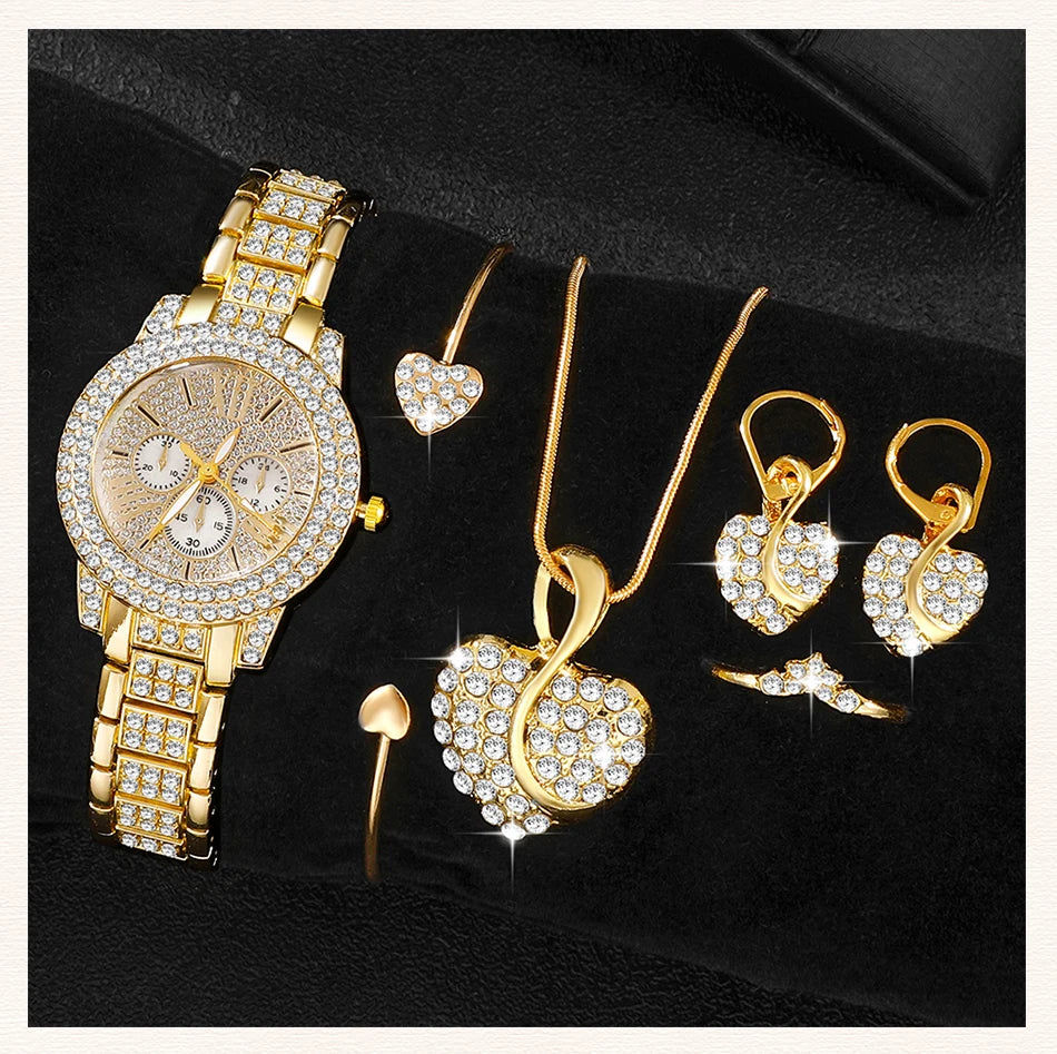 Amelia Gold Quartz Watch & Jewelry Set – 5 pcs