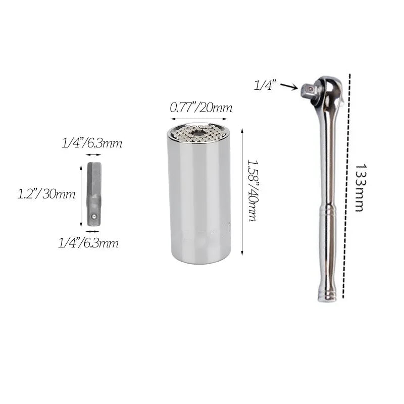 🔧 Universal Ratchet Wrench with Adjustable Socket Head (7–19mm / 11–32mm)