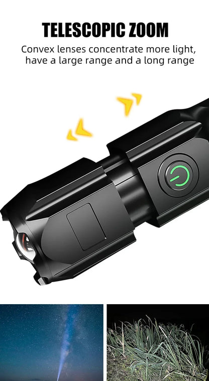 High Power Rechargeable LED Camping Flashlight – USB Zoom Spotlight with Waterproof Design for Outdoor Adventures