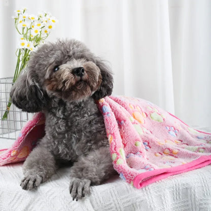 Daisy Soft Fluffy Pet Blanket – Warm Coral Fleece Paw Print Mat