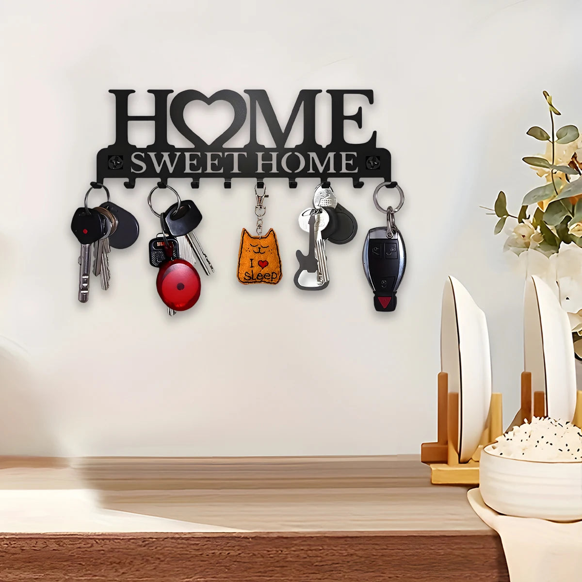 Black Metal Wall Key Holder – “Sweet Home” Decorative Key Rack with Hooks 10 Hooks