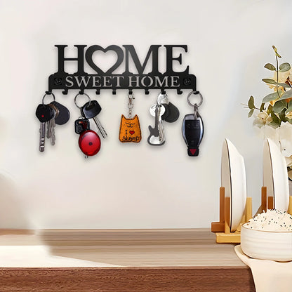 Black Metal Wall Key Holder – “Sweet Home” Decorative Key Rack with Hooks 10 Hooks