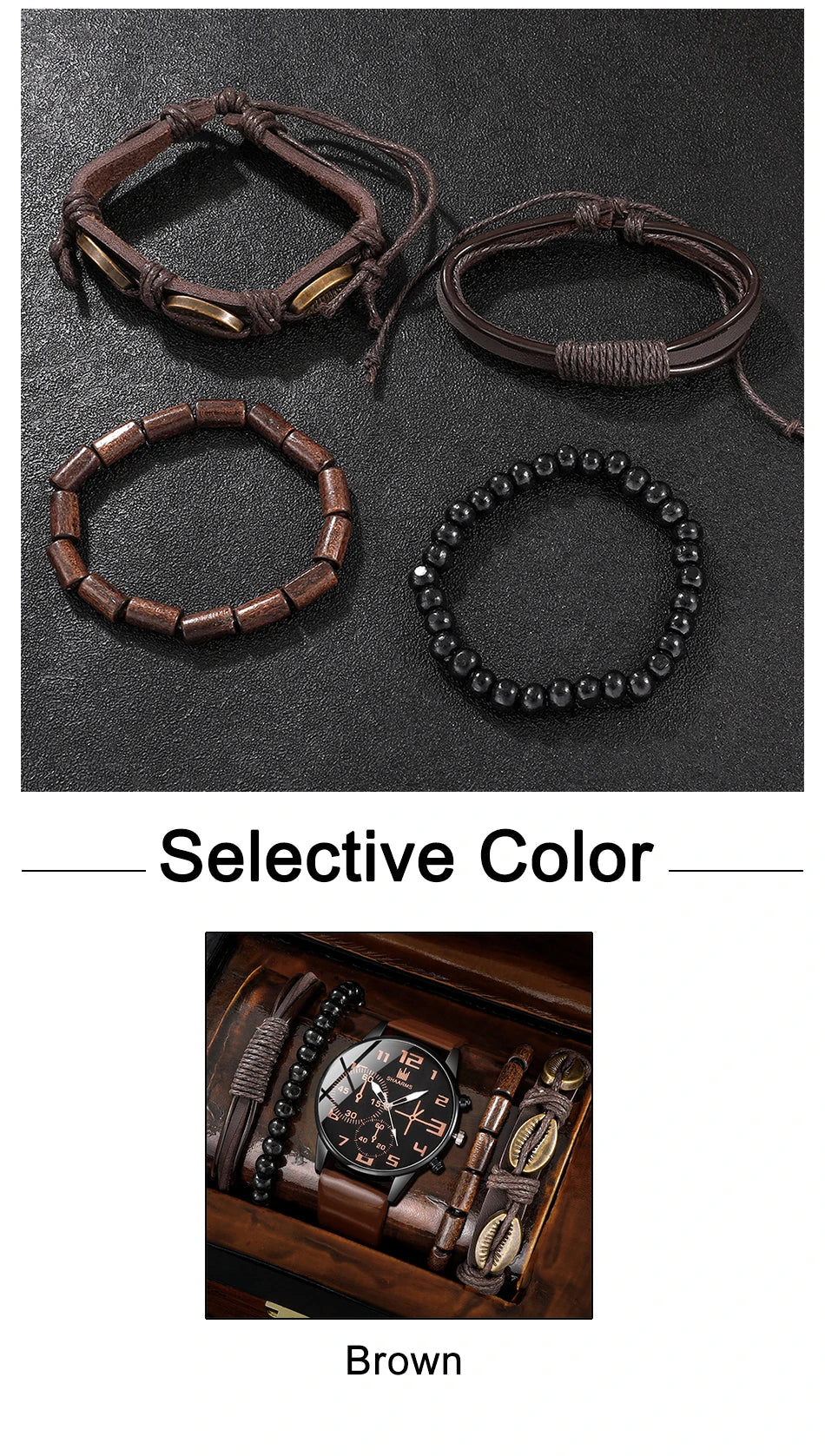 Men’s Fashion Watch & Bracelet Set – 5PCS Retro Quartz Leather Wristwatch