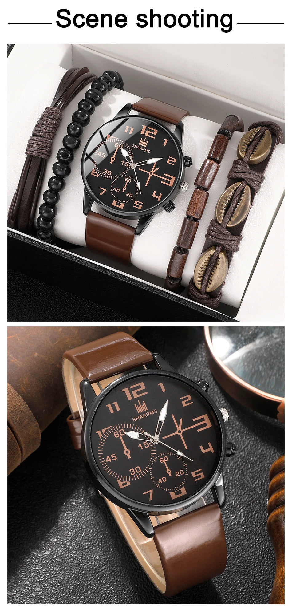 Men’s Fashion Watch & Bracelet Set – 5PCS Retro Quartz Leather Wristwatch