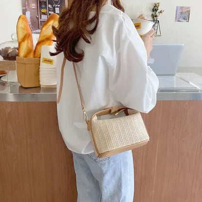 Summer Small Straw Handbag Trendy Shoulder Bag Woven Bucket Crossbody Bag Casual Seaside Beach Bag Gilrs Handle Tote