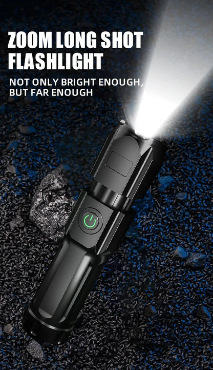 High Power Rechargeable LED Camping Flashlight – USB Zoom Spotlight with Waterproof Design for Outdoor Adventures
