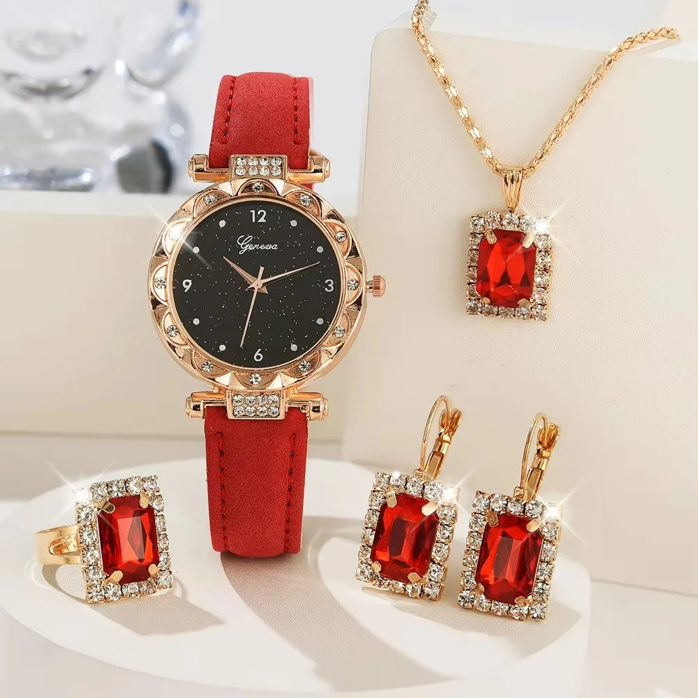 Grace Luxury Rhinestone Watch & Bracelet Set – 5PCS Elegant Quartz Gift Set