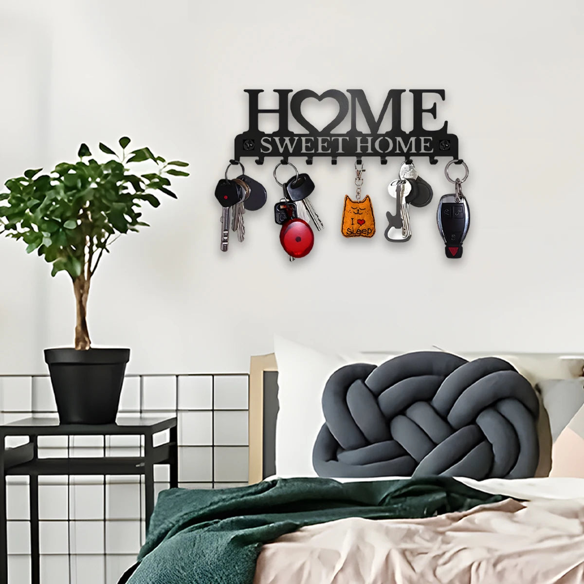 Black Metal Wall Key Holder – “Sweet Home” Decorative Key Rack with Hooks 10 Hooks
