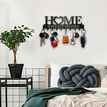 Black Metal Wall Key Holder – “Sweet Home” Decorative Key Rack with Hooks 10 Hooks