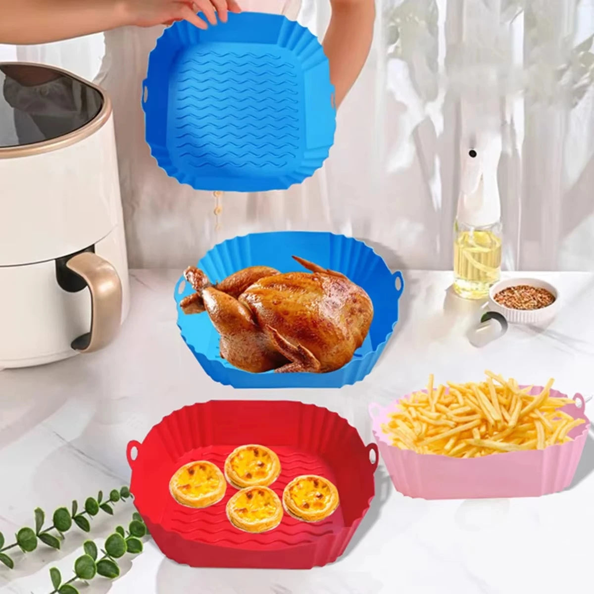 Silicone Air Fryer Pot Tray – Reusable Square Food-Safe Baking Basket for Oven, BBQ & Airfryer
