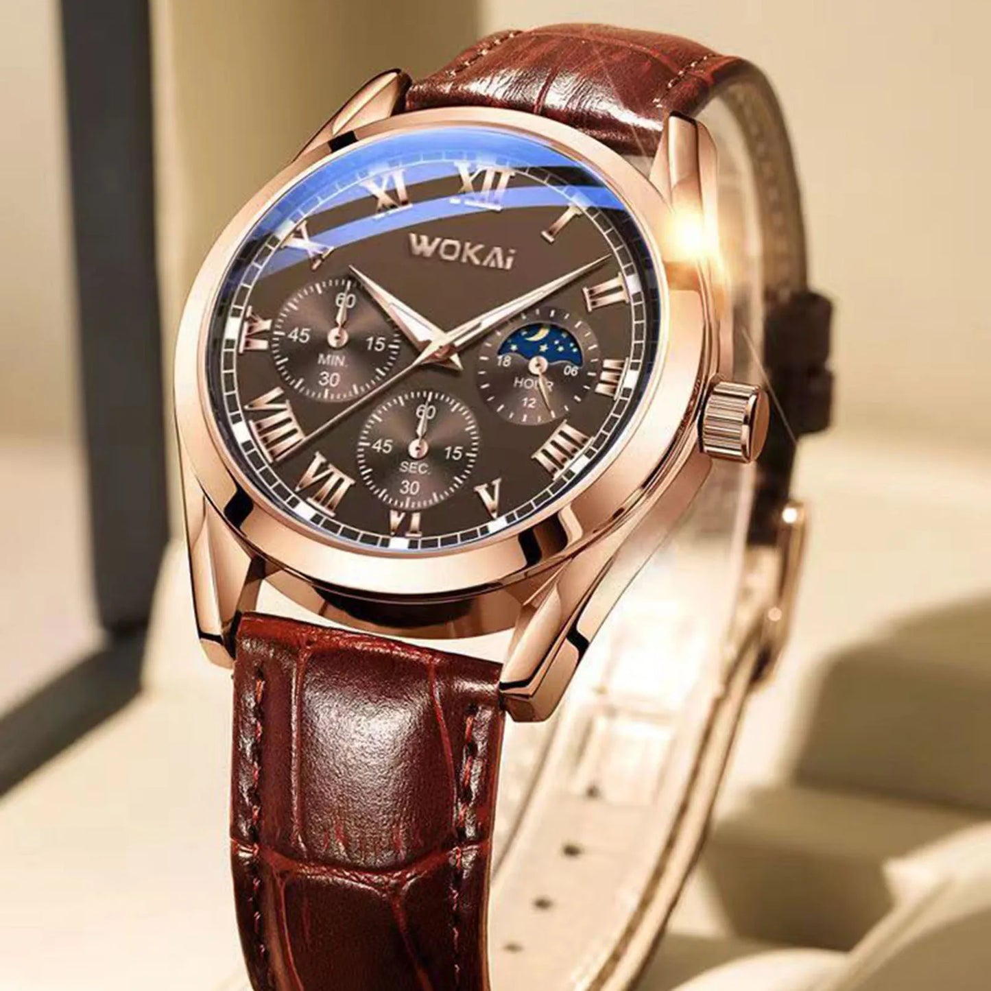 LuxeTime Men’s Business Quartz Watch – Roman Numeral Leather Calendar Wristwatch