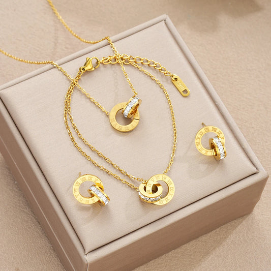 4Pcs/Set Gold Color Stainless Steel Crystal Necklace Bracelet Earrings for Women Interlocking Circles Roman Numbers Jewelry Sets