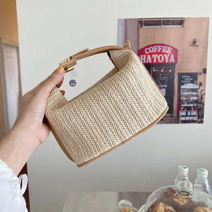 Summer Small Straw Handbag Trendy Shoulder Bag Woven Bucket Crossbody Bag Casual Seaside Beach Bag Gilrs Handle Tote