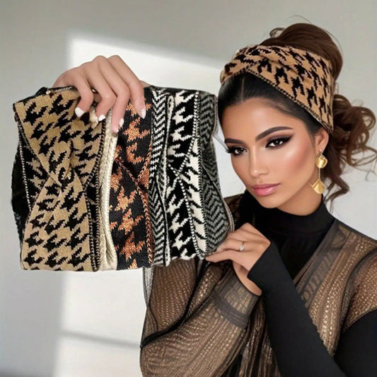 5PCS/3PCS Set Knitted Thousand Bird Fashion Women's Headbands Retro Warm High Elasticity Hairband Hair Accessoires