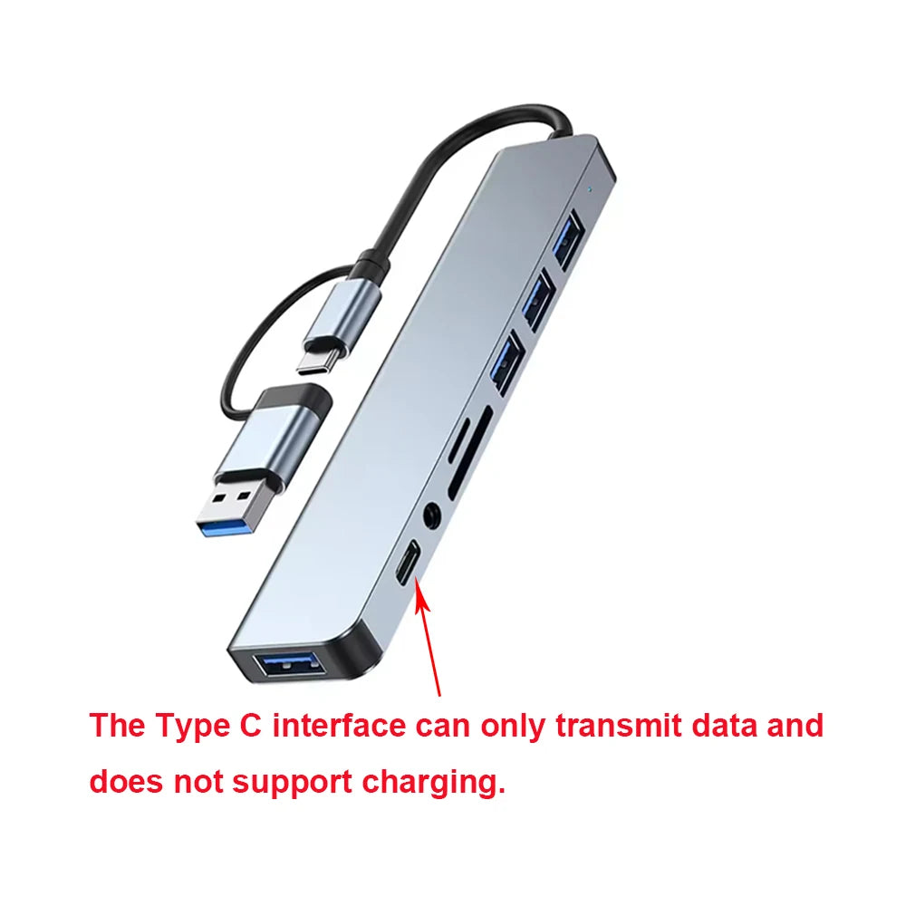 8-in-1 USB-C Hub Docking Station – Multiport Adapter with Audio Jack & SD Card Reader