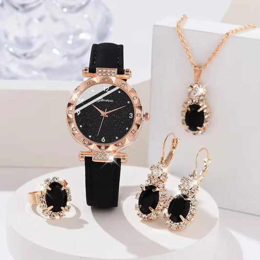 💎 Grace Luxury Rhinestone Watch & Bracelet Set – 5PCS Elegant Quartz Gift Set